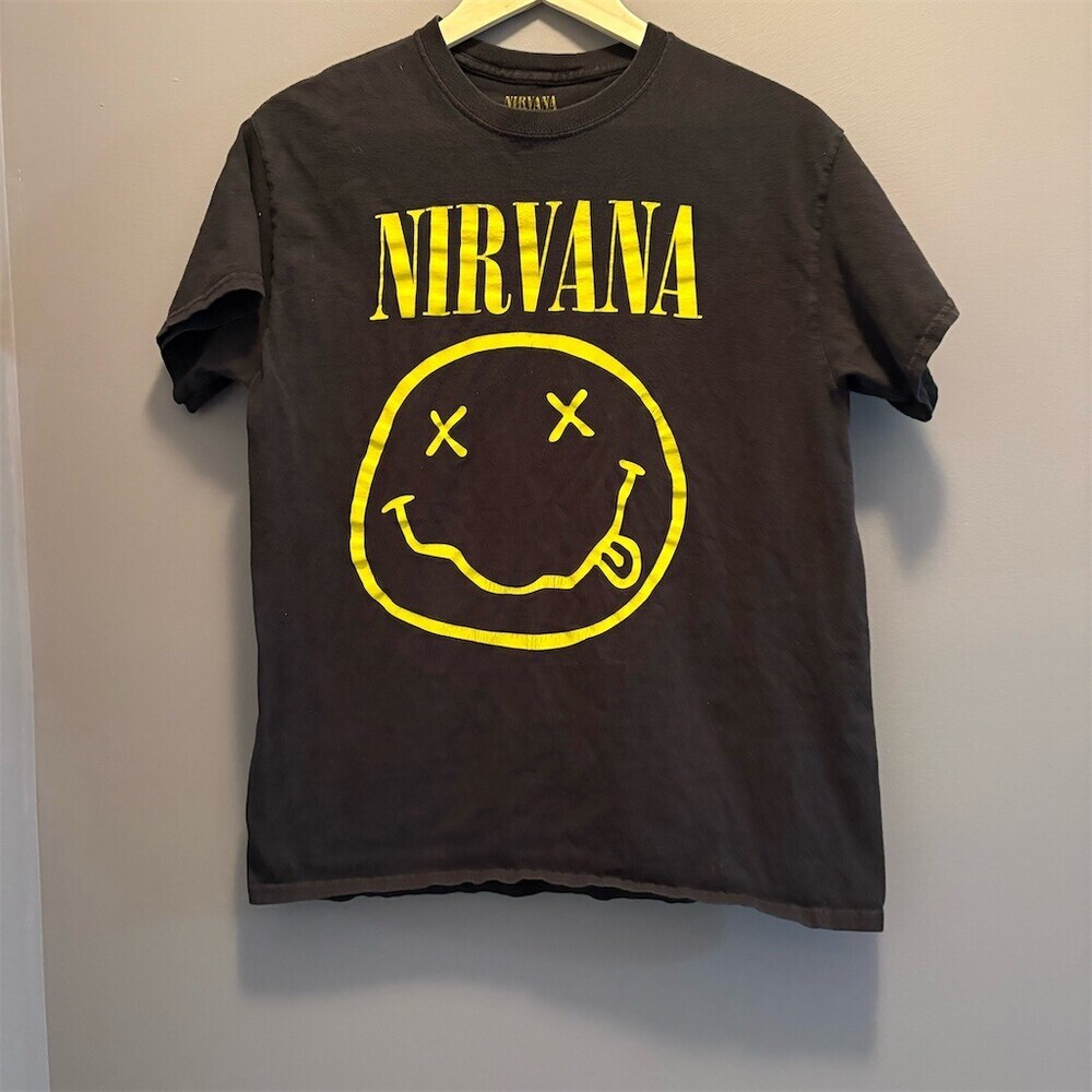 Nirvana T-Shirt Unisex Size M Black Yellow Smiley Face Graphic Band Tee